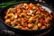 Spicy Kung Pao Chicken served in a sizzling wok with vibrant red peppers, green onions, and crushed peanuts sprinkled on top