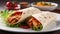 Spicy mexican chicken fajita wraps on a white plate with side serving of spicy salsa, and fresh salad, generative ai