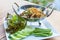 Spicy minced pork salad in the stainless bowl