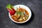 Spicy mutton karahi served in dish isolated on grey background top view of indian and bangladesh food