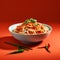 Spicy Noodles On Vibrant Coral: A Photorealistic Still Life