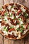 Spicy pulled pork pizza with mozzarella cheese, herbs and barbecue sauce close-up. Vertical top view