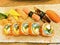 Spicy Salmon Aburi Roll Ebi Maki,california roll,Tekka Maki,Ebi Tempura Roll,Caterpilar Roll Japanese Clean Foods