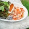 Spicy salmon. Spicy salmon salad with selective focus on the fresh salmon, fine dining restaurant