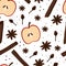 Spicy seamless pattern. Cinnamon and cloves, anise and pepper, apple and aromatic spices for cooking pie or mulled wine, design
