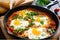 Spicy Shakshuka in a Cast Iron Skillet with Fresh Herbs and Crusty Bread