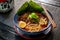 Spicy Sichuan Dandan noodles ramen with chopstick in the traditional Japanese ramen restaurant