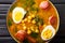 Spicy soup with spinach, chickpeas, chorizo sausages, boiled egg