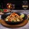 Spicy stir-fried rice noodles with prawns and vegetables