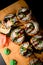 Spicy sushi set breaded with green onions and soy sauce