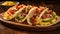 Spicy Tacos with various Ingredients lined up on a Plate. Commercial Kitchen Backdrop