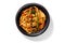 Spicy udon noodles with stir fried shrimps, mussels, calamari and vegetables in bowl