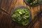 Spicy wakame salad on wooden background