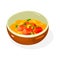 Spicy yellow sauce with chopped tomatoes, scallions, greenery is in brown bowl. Korean cuisine dish.