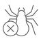 Spider and ban symbol thin line icon, pest control concept, anti tarantula sign on white background, no spiders icon in