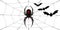 Spider Black Widow, cobweb, bats. Red black spider 3D, spiderweb, isolated white background. Scary Halloween decoration