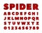 Spider font. Spiderman alphabet. Black letters on Red background.