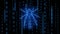 Spider over hanging rows of the binary code in matrix style - graphic elements in blue color on black background -