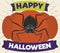 Spider over Pumpkin and Greeting Ribbon for Halloween, Vector Illustration