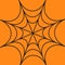 Spider round web. Cobweb black. Decoration element. Happy Halloween card. Flat design. Orange background.