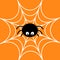 Spider on the web. Cobweb white. Cute cartoon baby insect character. Happy Halloween card. Flat design. Orange background.