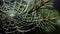 A spider web with dew drops on a pine tree branch, AI