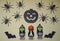 Spiders and bats. Cute character in monster costume. Halloween concept. Holiday decorations