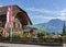 Spiez, Switzerland. Traditional houses decorated with flower pots.