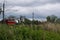 Spikelets of tall green succulent grass in a field and a blurred train with a red front