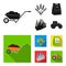 Spikelets of wheat, a packet of seeds, a tractor, gloves.Farm set collection icons in black, flat style vector symbol