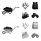 Spikelets of wheat, a packet of seeds, a tractor, gloves.Farm set collection icons in black,monochrom style vector