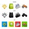 Spikelets of wheat, a packet of seeds, a tractor, gloves.Farm set collection icons in cartoon,black,flat style vector