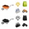 Spikelets of wheat, a packet of seeds, a tractor, gloves.Farm set collection icons in cartoon,black style vector symbol