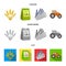 Spikelets of wheat, a packet of seeds, a tractor, gloves.Farm set collection icons in cartoon,flat,monochrome style