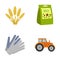 Spikelets of wheat, a packet of seeds, a tractor, gloves.Farm set collection icons in cartoon style vector symbol stock