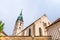 Spiky tower of Church of the Assumption of the Virgin Mary in Jindrichuv Hradec, Czech Republic