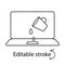 Spilled drink on laptop outline icon. Computer problem. Water on keyboard. Laptop repairs. Editable stroke