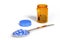 Spilled thumb-up pills next to a pill bottle isolated on a white background. Concept of addiction to social media. 3d illustration