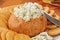 Spinach artichoke dip in a bread bowl