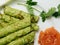 Spinach green Crepes with salmon on white background