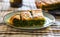 Spinach pie or greek spanakopita serving on kitchen table