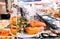 Spinach pie, grilled vegetables, local street snacks on stall of traditional food market