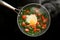 Spinach, tomatoes and fried egg in a steaming pan on a black stovetop, cooking a healthy meal for breakfast or lunch, high angle