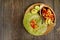 Spinach wrap with stir fry beef and vegetable on wood background