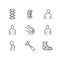 Spine, backbone line icons. Orthopedics clinic, medical rehab, back trauma, broken bone, posture correction, scoliosis