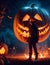 Spine-Tingling Halloween Fantasy: Masked Man Amidst Pumpkins Under Starry Skies