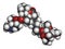 Spinetoram insecticide molecule. 3D rendering. Atoms are represented as spheres with conventional color coding: hydrogen white,.