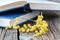 Sping flowers and open books on table