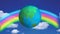 Spinning earth globe against a blue sky with a rainbow