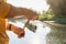 Spinning fishing on the river, the fisherman holds a fishing rod in his hands and turns the reel